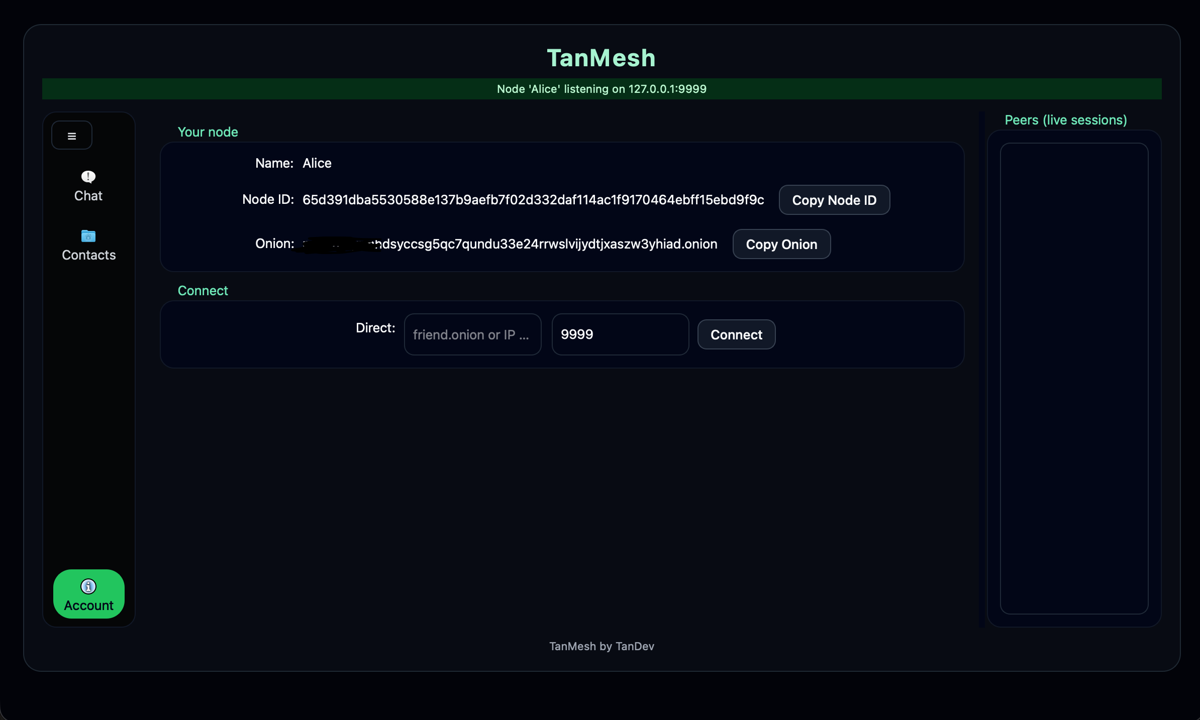 TanMesh account view showing node ID and onion address