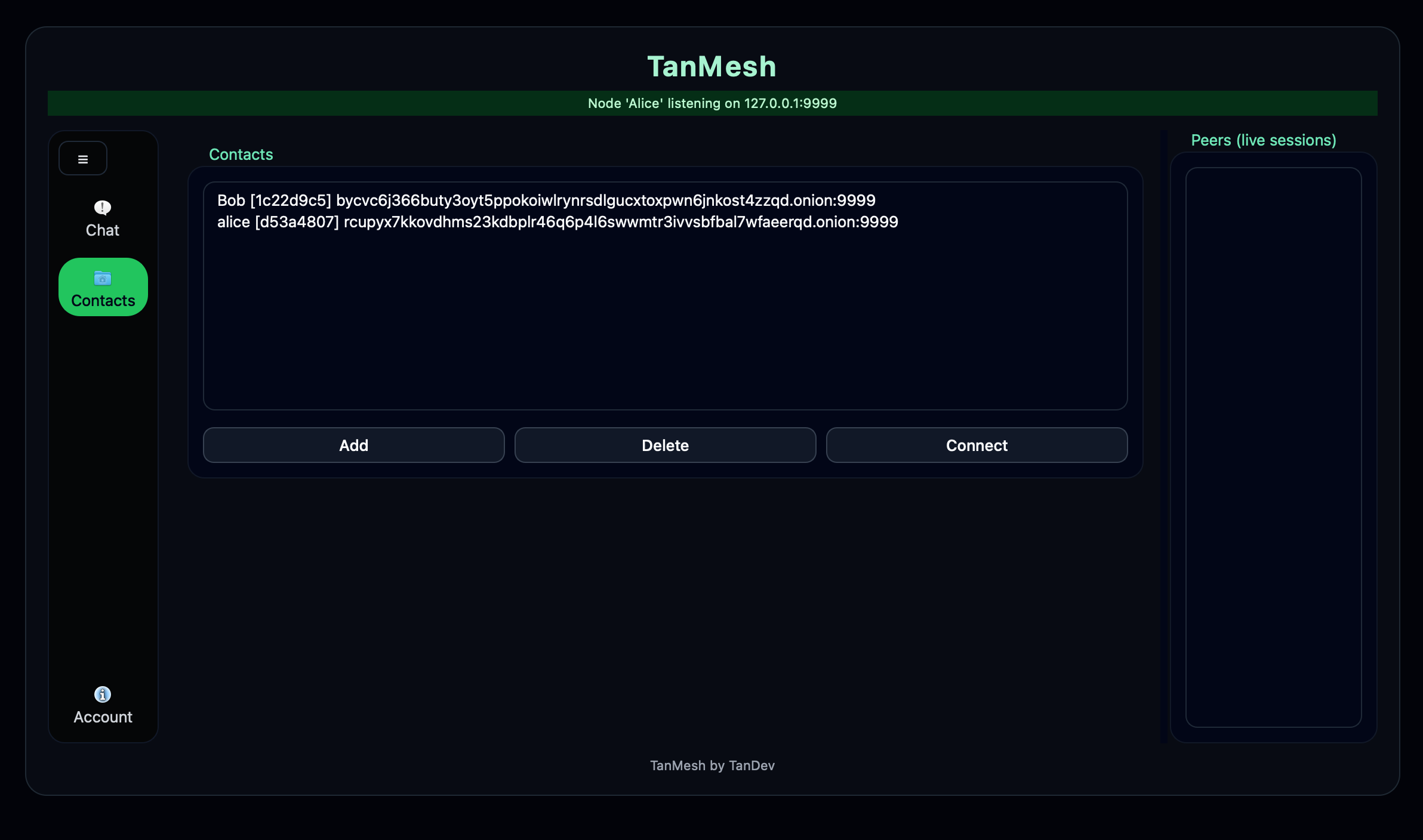TanMesh contacts view with saved peers